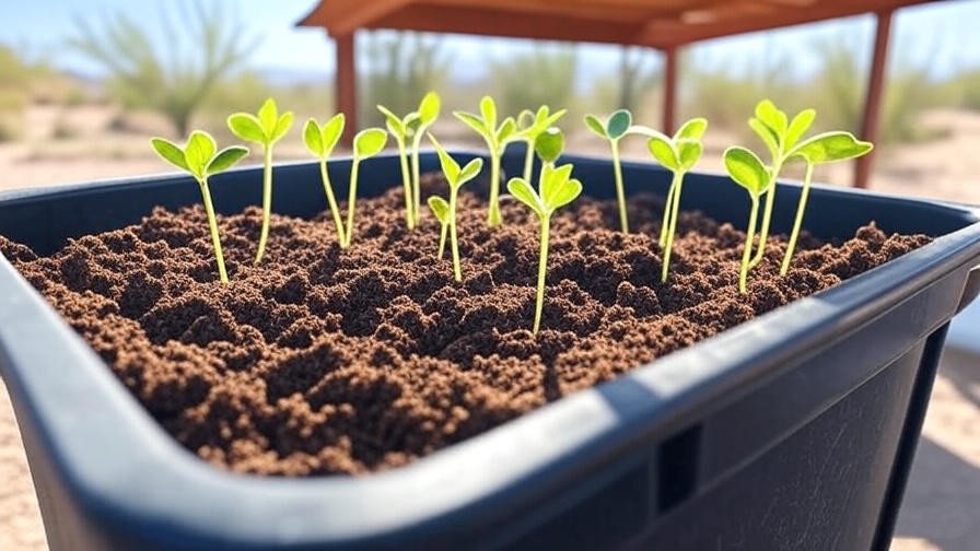  "Young watermelon seedlings in a black bin with soil mix in a Laredo backyard under a pergola".