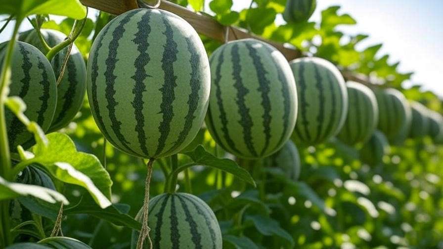 "Close-up of grey watermelon vines with ripe fruits on a trellis in a sunlit garden". 
