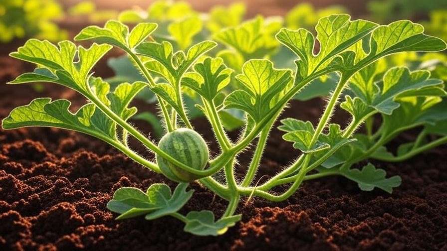 "Close-up of a diamond watermelon plant with green leaves and fruit on a vine in mulched soil.