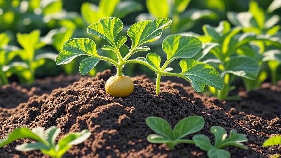 Close-up of a Sunny Gold Watermelon plant with green leaves and developing fruit in a sunny garden. 