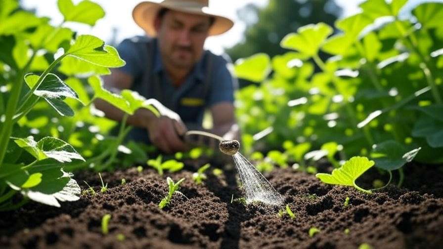 Gardener using drip irrigation on rattlesnake watermelon plants."
