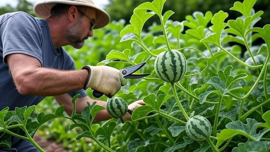 Gardener pruning grey watermelon vines with developing fruits in a well-maintained garden".