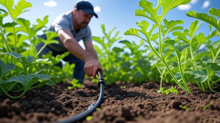 "Gardener watering diamond watermelon plants with drip irrigation in a sunny garden." 