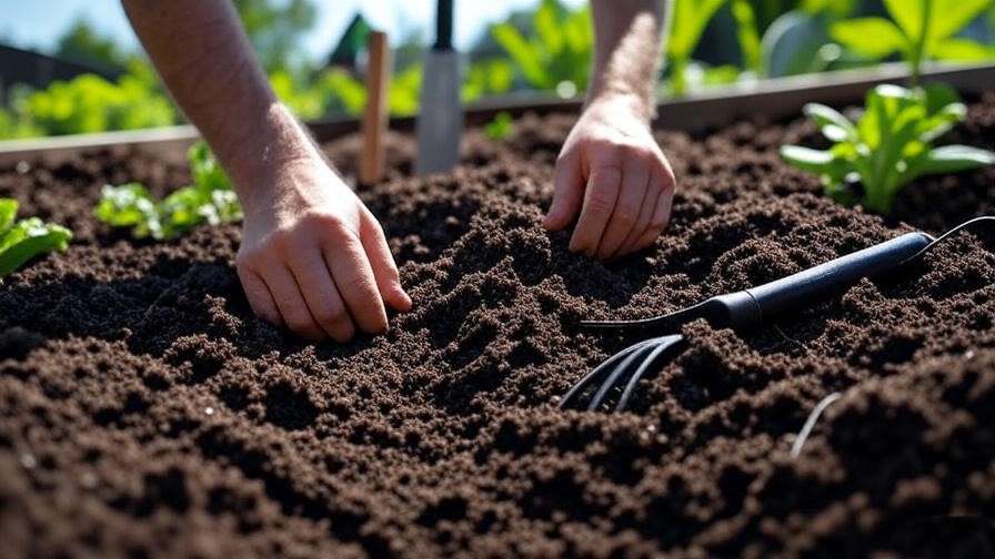  Gardener preparing loamy soil with compost and fertilizer in a raised bed for Sunny Gold Watermelon.