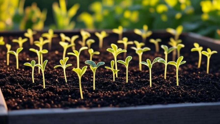 Young mini watermelon seedlings in a raised garden bed with dark soil