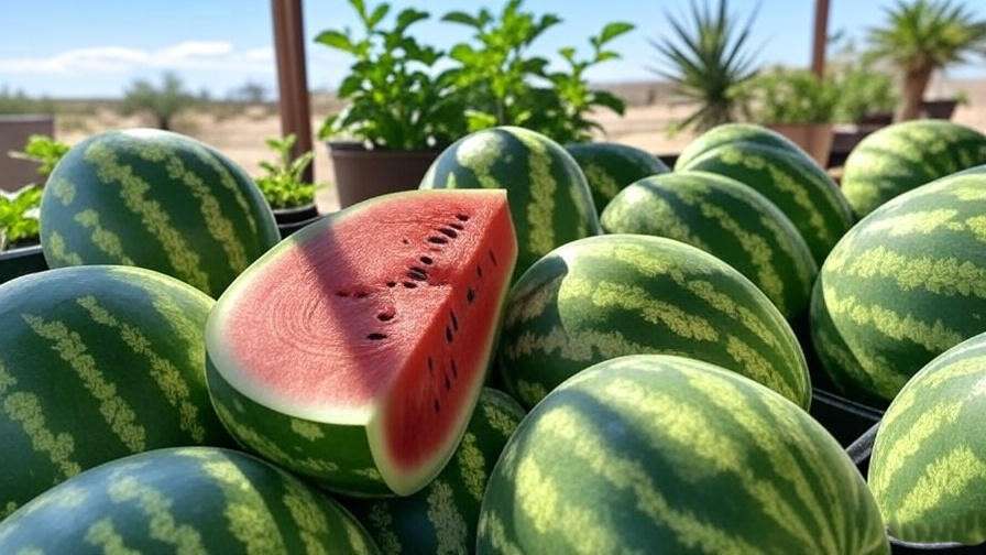 "Ripe Sugar Baby watermelons in a bin with one cut open on a Laredo patio". 
