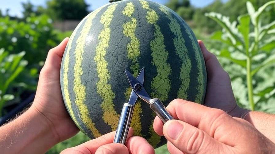 "Ripe grey watermelon with yellow belly being harvested in a lush garden"