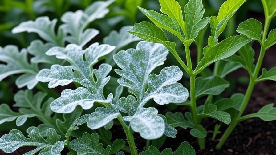 "Diamond watermelon plant with powdery mildew next to a healthy plant in a garden.