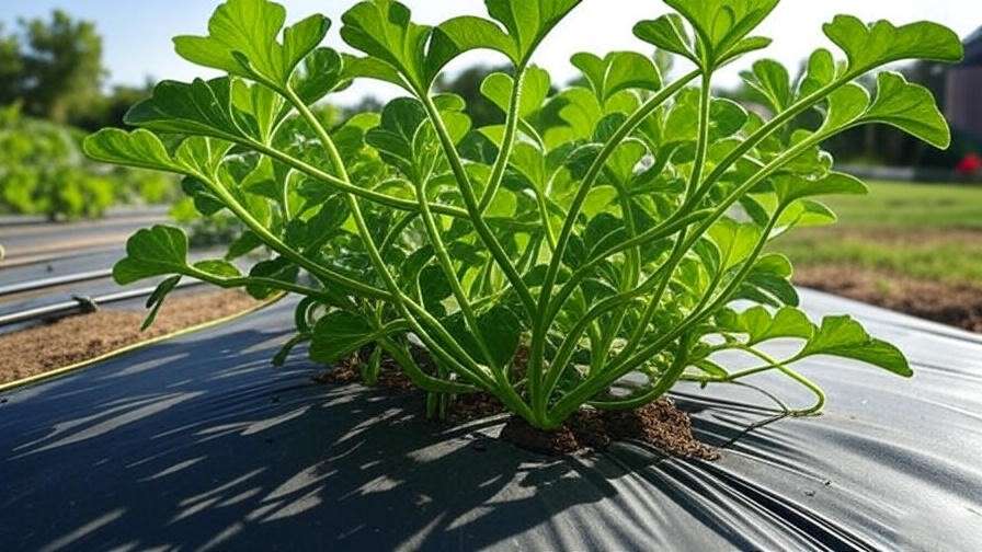 Sunny Gold Watermelon plant with black mulch and drip irrigation in a sunny garden.