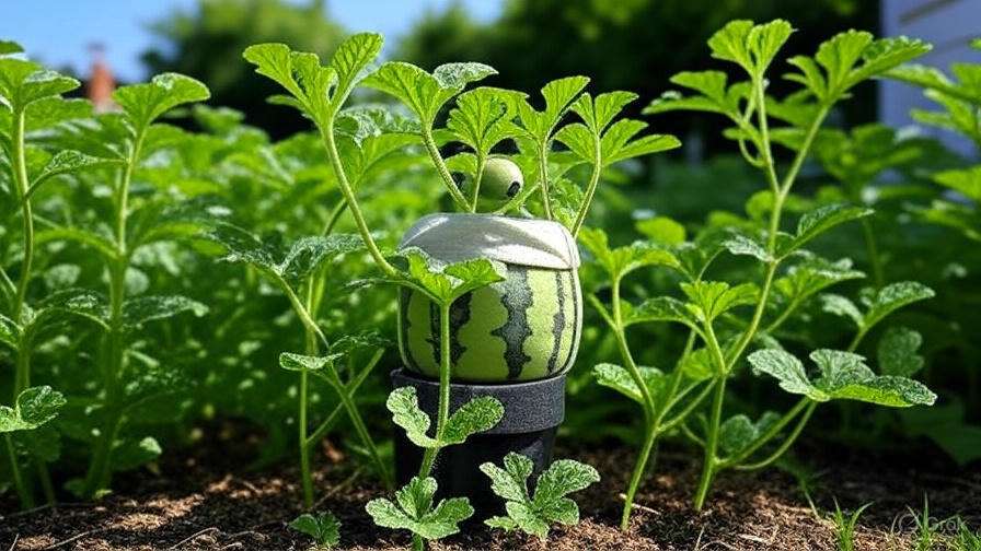Trellised mini watermelon plant with fruits in fabric slings on a sunny patio.