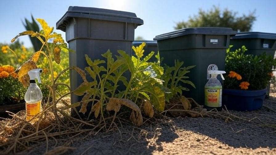 "Watermelon bins with pest-damaged leaves and organic pest control in a Laredo garden". 