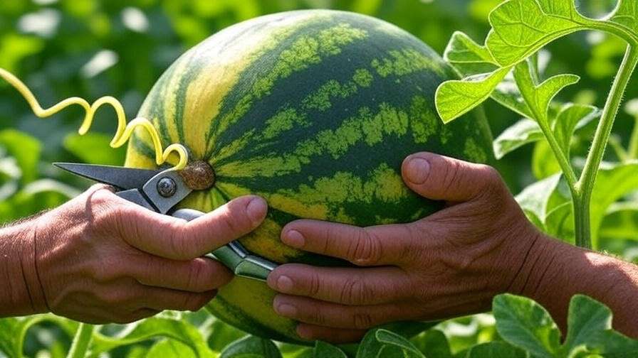 "Harvesting a ripe diamond watermelon with pruning shears in a lush garden." 