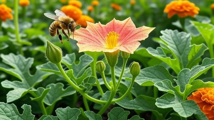  Bee pollinating Sunny Gold Watermelon flower with marigold plants in a garden. 