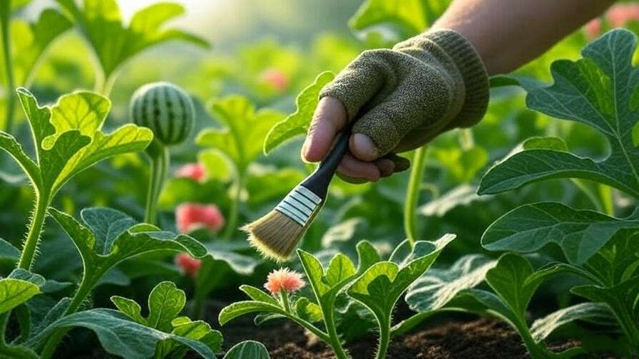 Gardener hand-pollinating a mini watermelon flower with a brush.