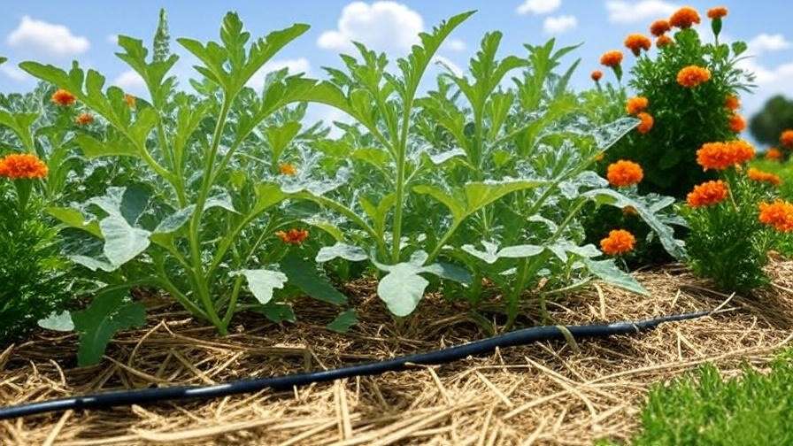 "Grey watermelon plants with straw mulch and marigolds in a sunny garden". 