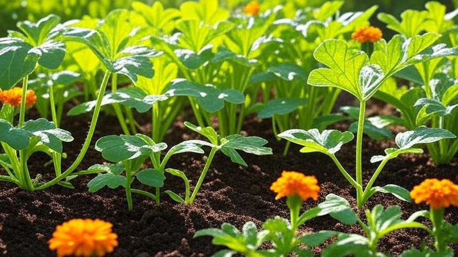 Diamond watermelon plants with companion marigolds and beans in a sunny garden bed.