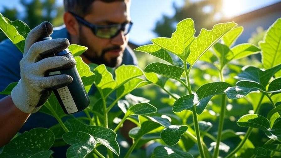 Gardener spraying neem oil on Sunny Gold Watermelon plant to control aphids. 