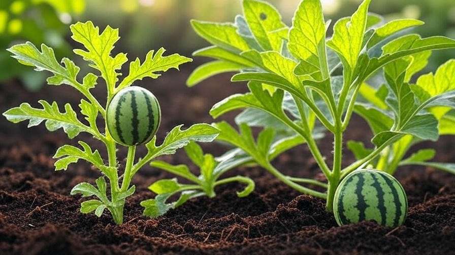 Mini watermelon plant with pest damage next to healthy plant and neem oil