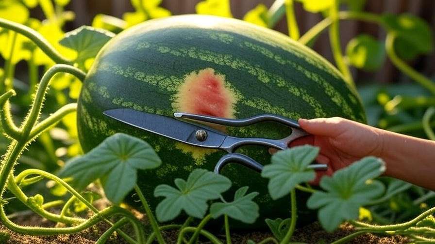 Harvesting a ripe Sunny Gold Watermelon with shears showing yellow ground spots