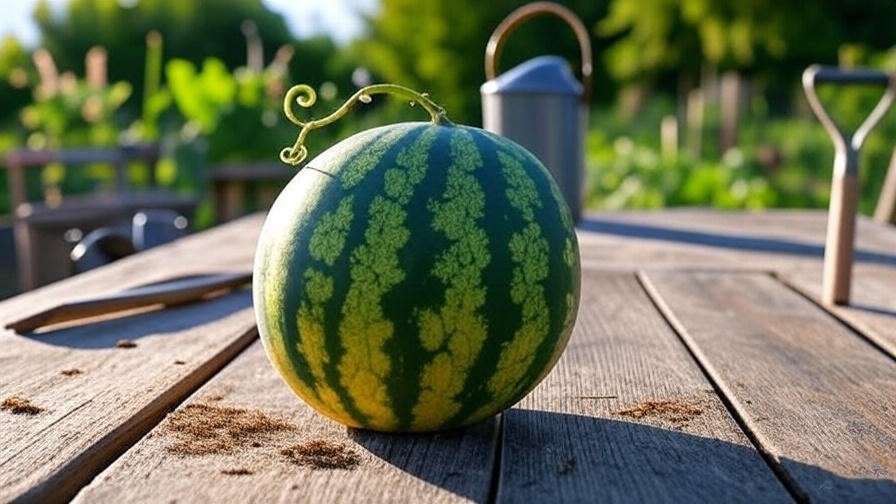 Freshly harvested mini watermelon with yellow underside on a garden table."