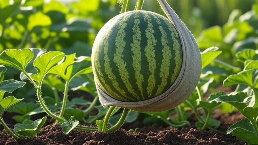 Trellised Sunny Gold Watermelon vine with fruit in a cloth sling in a garden. 