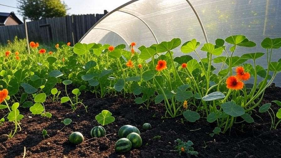 Mini watermelon plants with nasturtiums and beans under a row cover."