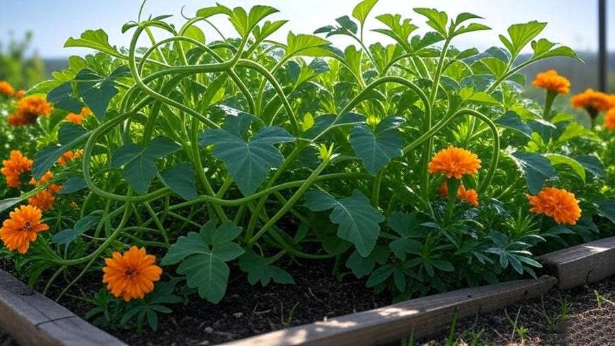 Sunny Gold Watermelon plants with marigold companions thriving in a garden bed. 