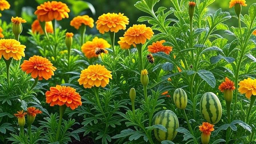"Marigolds and watermelon plants with bees for natural pest control