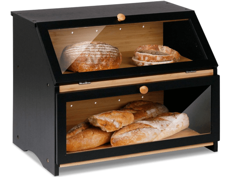 
HOMEKOKO Double Layer Large Bread Box for Kitchen Counter, Wooden Large Capacity Bread Storage Bin (Black