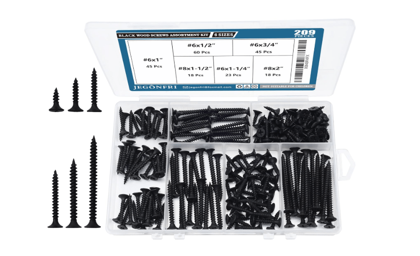  JEGONFRI High Hardness Black Wood Screws Assortment Kit, 209 pcs, Phillips Drive Flat Head, Wood Screws, Screws, Drywall Screws, Assorted Screws, Screws Set.