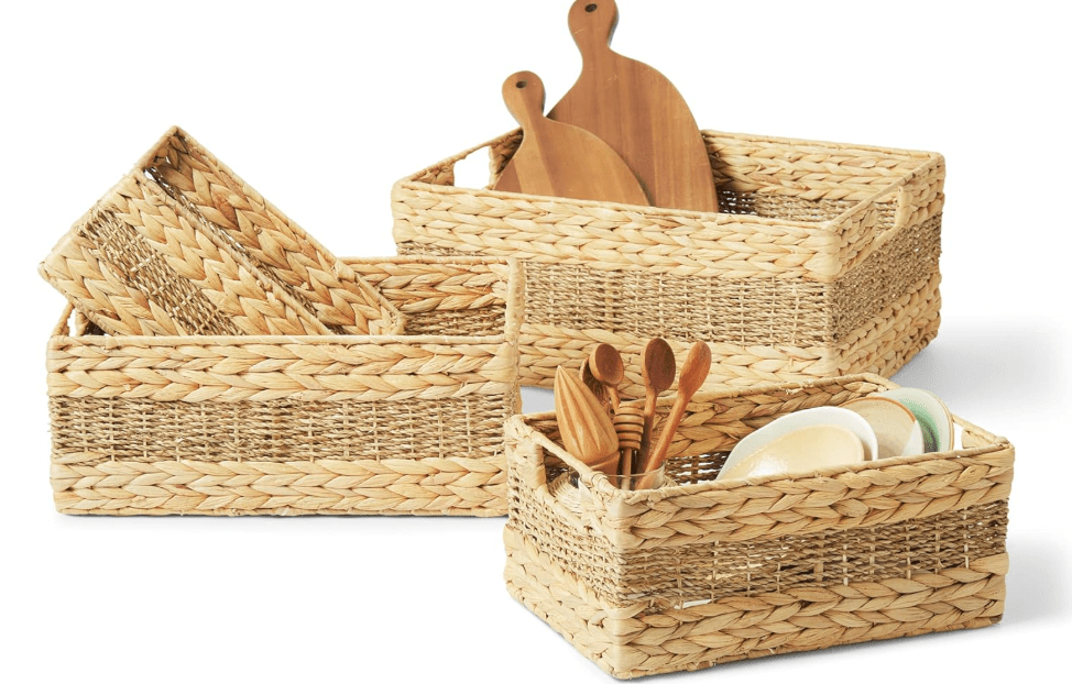 
Artera Large Wicker Storage Basket - Set of 4 Woven Water Hyacinth Baskets with Handle, Large Rectangular Natural Nesting Storage Bins for Bedroom