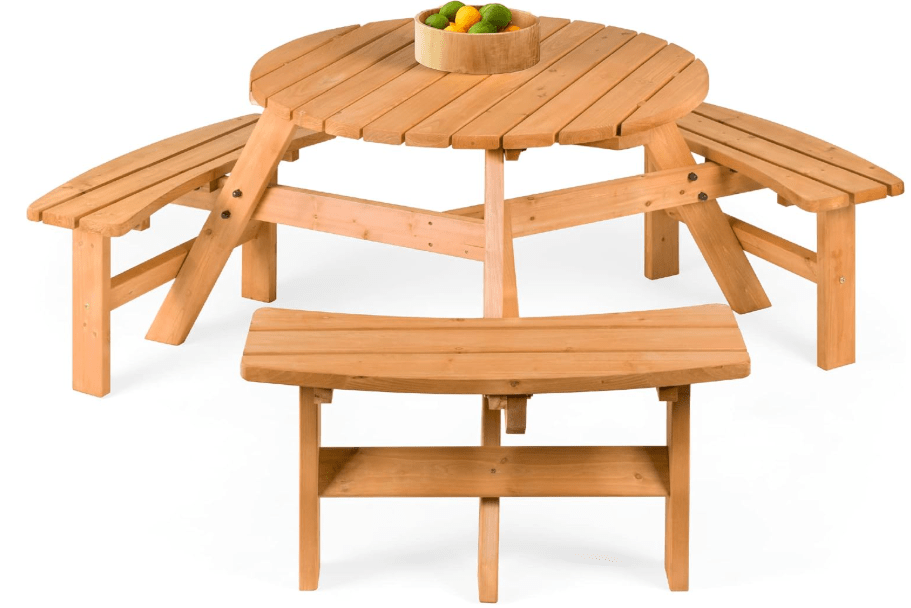 Best Choice Products 6-Person Circular Outdoor Wooden Picnic Table for Patio, Backyard, Garden, DIY w/ 3 Built-in Benches, 500lb Capacity - Natural