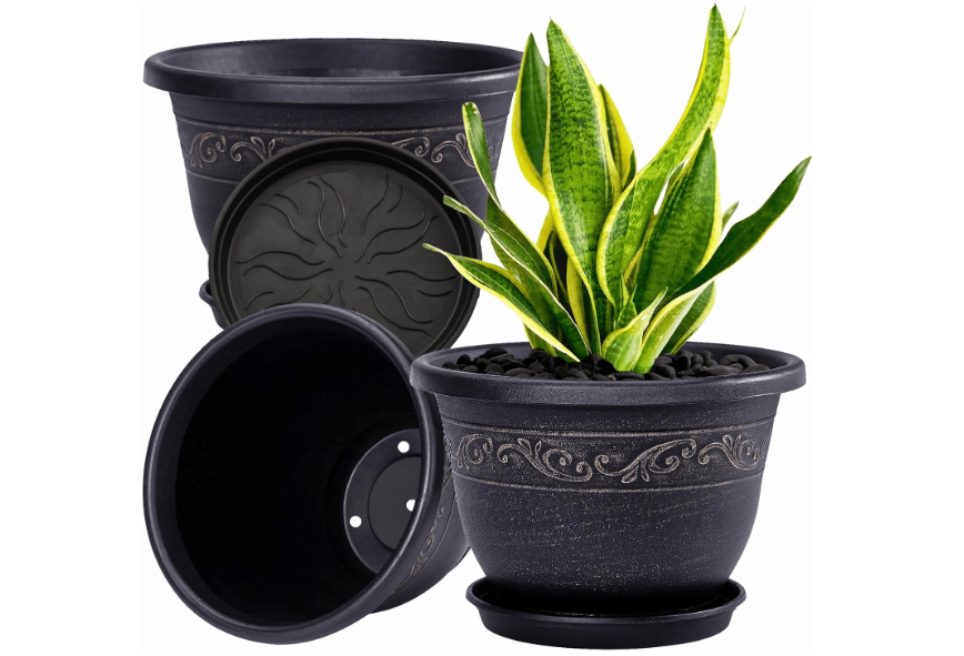 
QCQHDU 8 inch Retro Plant Pots, 3 Pack Plastic Planters for Indoor & Outdoor Plants Flower Pot with Drainage Hole and Saucer