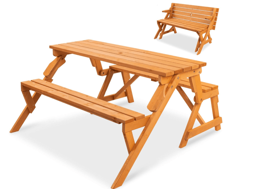
Best Choice Products 2-in-1 Transforming Interchangeable Outdoor Wooden Picnic Table Garden Bench for Backyard, Porch, Patio, Deck w/Umbrella Hole - Natura
