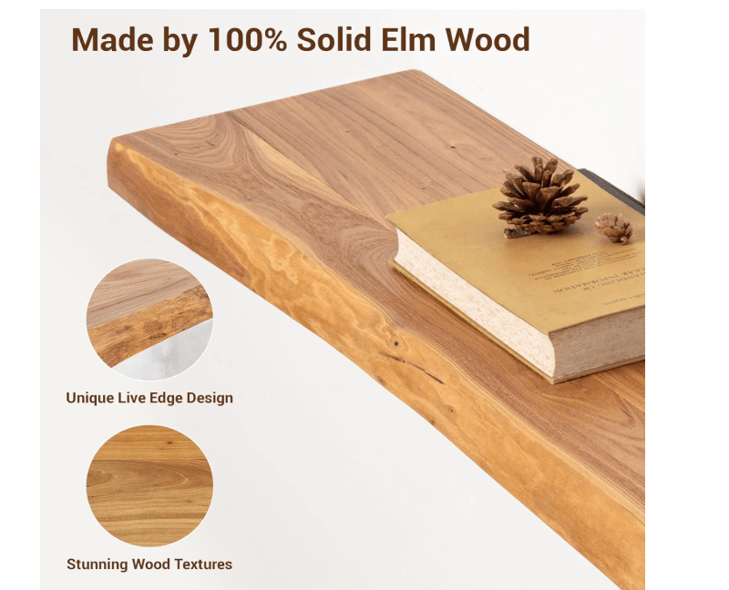 
fuqing Wood Floating Shelves for Wall - Solid Elm Wood Live Edge Floating Shelves 24 Inch - 9 Inch Deep Natural Wooden Wall Shelves with Upgraded Heavy Duty.