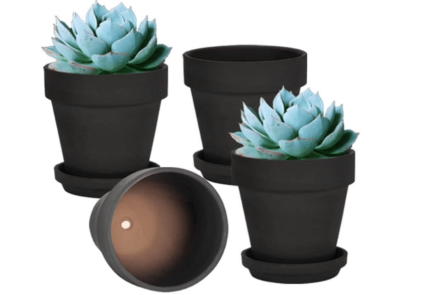 
vensovo 6 Inch Black Terracotta & Clay Pots for Plant with Saucer - 4 Pack Medium Terra Cotta Planter with Drainage Hole, Flowerpot for Indoor Outdoor