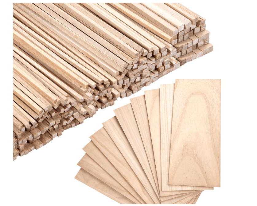 Balsa Wood Sticks, Hardwood Square Dowels 1/8, 4/25, 3/16, 1/4 x 10 Inch, Thin Unfinished Balsa Wood Sheets 4 x 10 Inch, Unfinished Wooden Strips 
