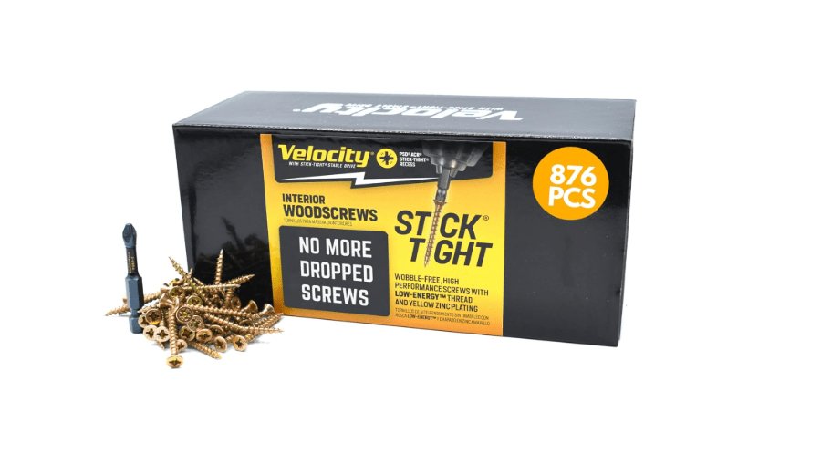  Velocity Interior 1 1/2 Inch Wood Screws Contractor Pack (Size #6, 876 Pcs) – Self Tapping Screws with Phillips Bits, Stick Tight Technology, Carbon Steel.