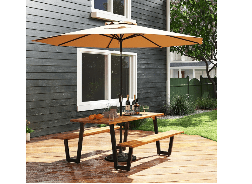 
S AFSTAR 70" Acacia Wood Outdoor Picnic Table Set with 10Ft Umbrella & Base, Heavy Duty Wooden Outside Dining Table Set with Bench, All-Weather