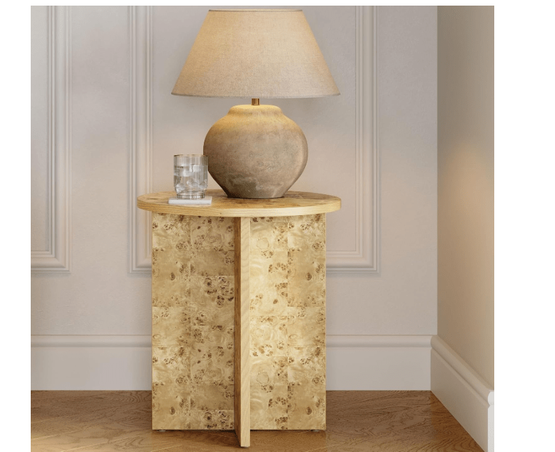 
Stead Round Burl Wood Side Table for Living Room - 16" Round x 19.2" H, Lacquered Natural Finish & Solid Cross Base 
