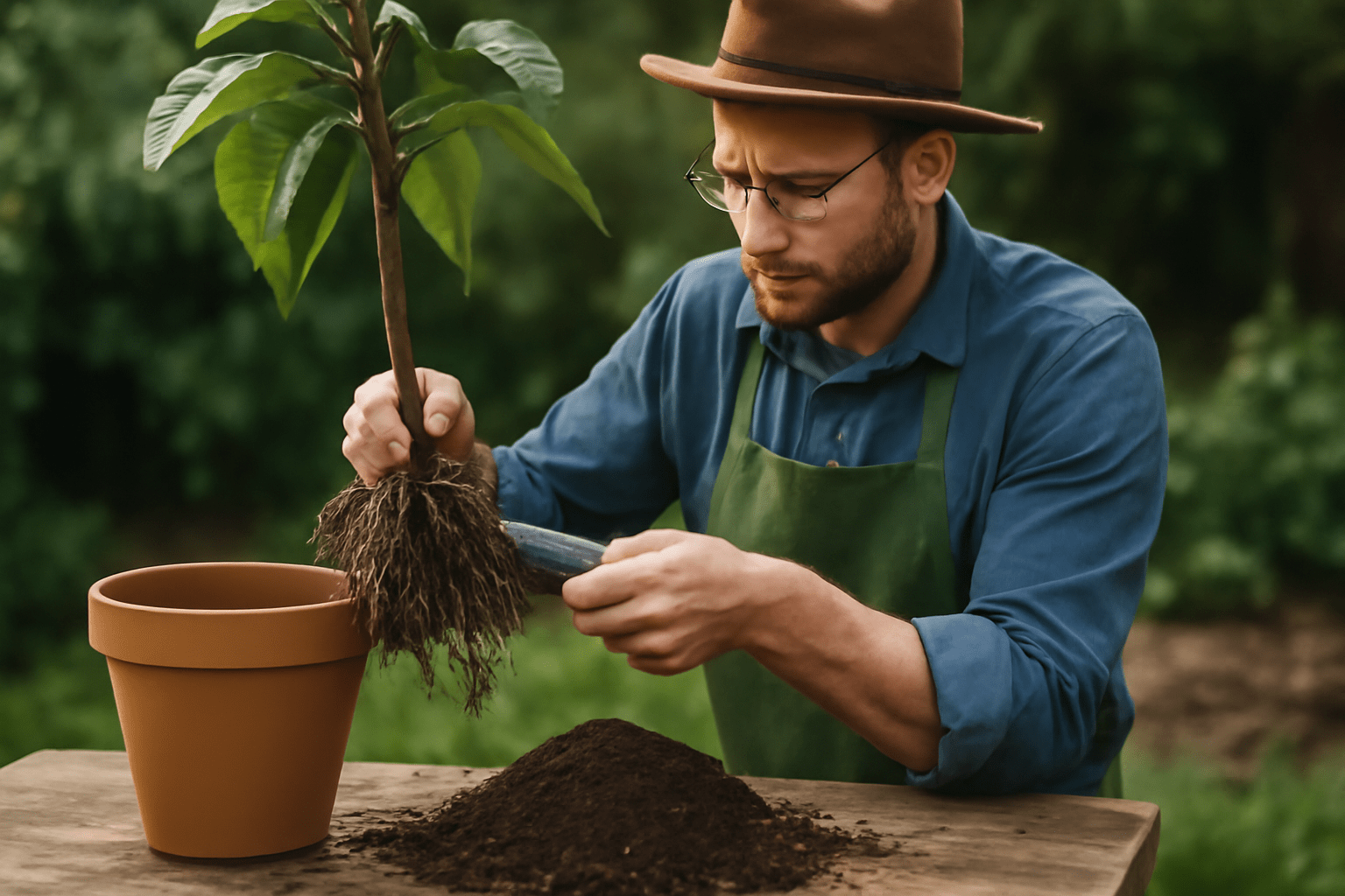 Man wearing a hat and glasses, focused on inspecting plant roots above a soil pile. He is preparing to pot the plant, conveying concentration.