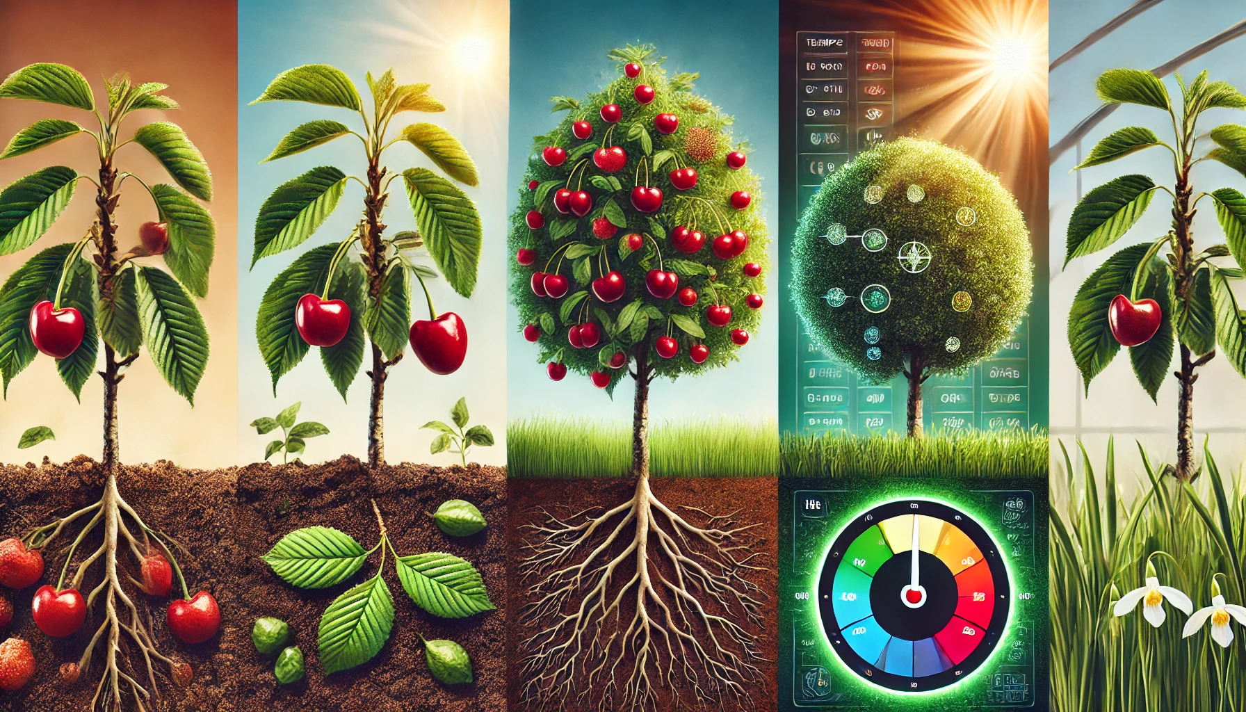 Illustration of cherry trees at different growth stages alongside a digital interface displaying environmental data and plant health metrics.