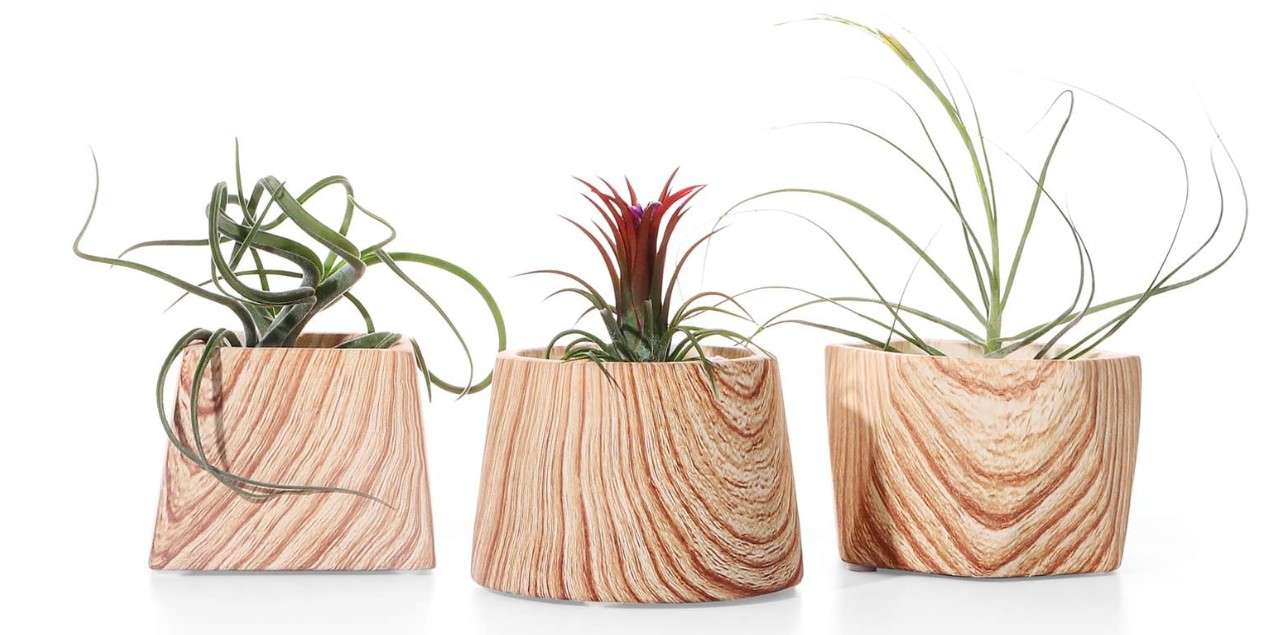 
POTEY 054202 Succulent Planter Pots - 3.1+2.9+2.5 Inch Brown Wooden Patterned Concrete Cement Small Planters Indoor with Drainage Holes for Air Plants