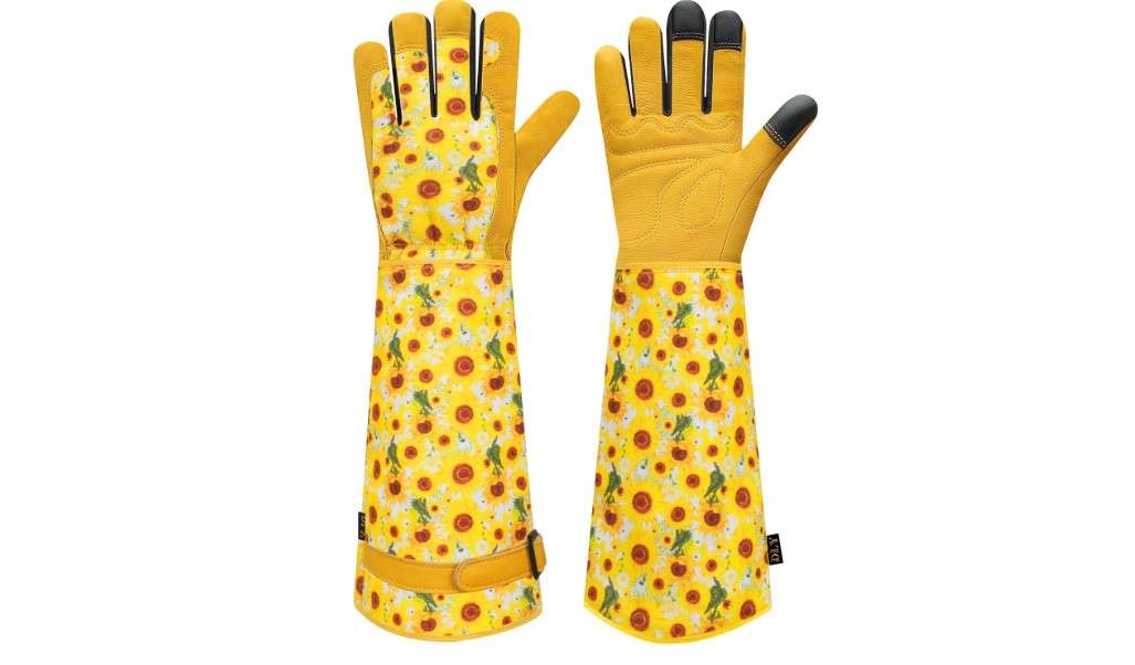  DLY Gardening Gloves for Women, Rose Gloves Gardening Thorn Proof, Long Garden Gloves for Women, Breathable Cowhide Leather Gauntlet (Medium, Yellow
