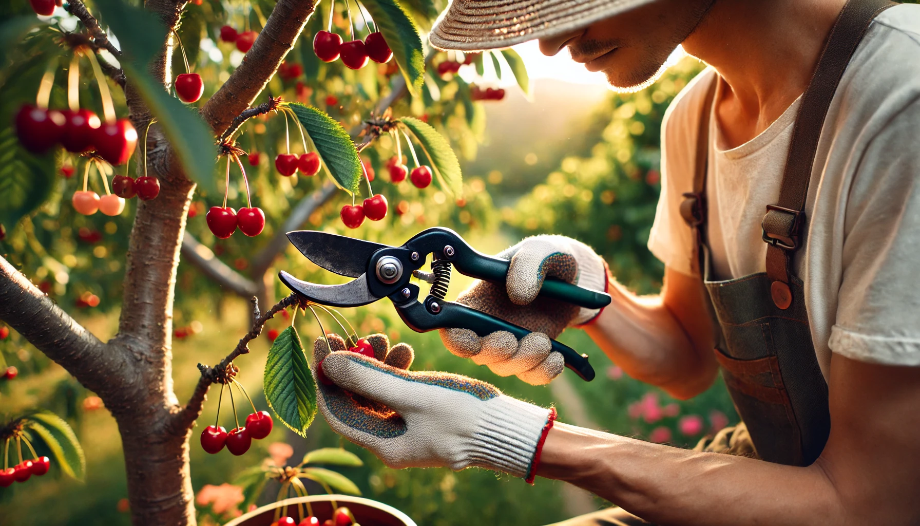 A gardener in a straw hat prunes a cherry tree, wearing gloves, surrounded by ripe cherries in golden sunlight.
