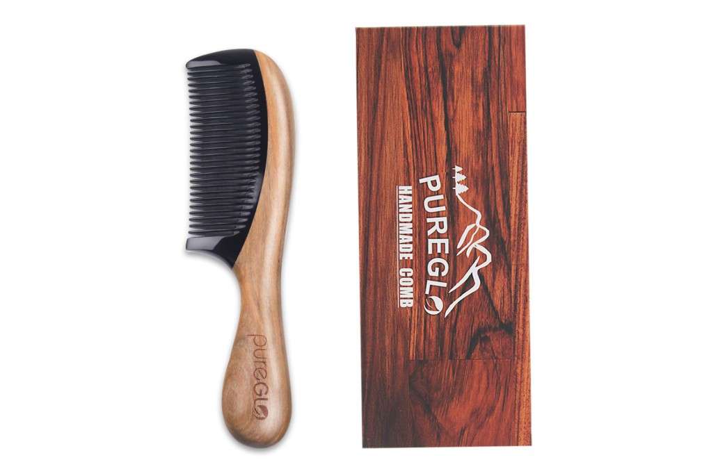  No Static Hair Comb [Gift Box] – pureGLO Detangling Fine Tooth Wooden Hair Combs, Green Sandalwood Buffalo Horn Comb, Gift for Men Women and Kids