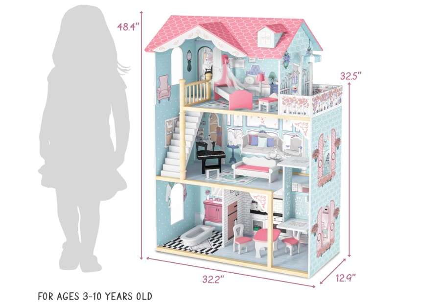 Lil' Jumbl Kid's Wooden Pink Dollhouse with Elevator, Balcony & Stairs, Accessories & Furniture Included, 3 Story Easy to Assemble Dollhouse