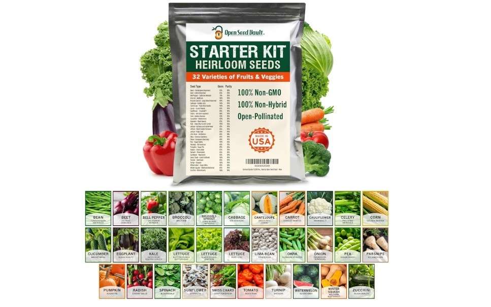 Open Seed Vault 15,000 Non GMO Heirloom Vegetable Seeds for Planting Vegetables and Fruits - 32 Variety Pack of Vegetable Seeds for Gardening, Survival Gear