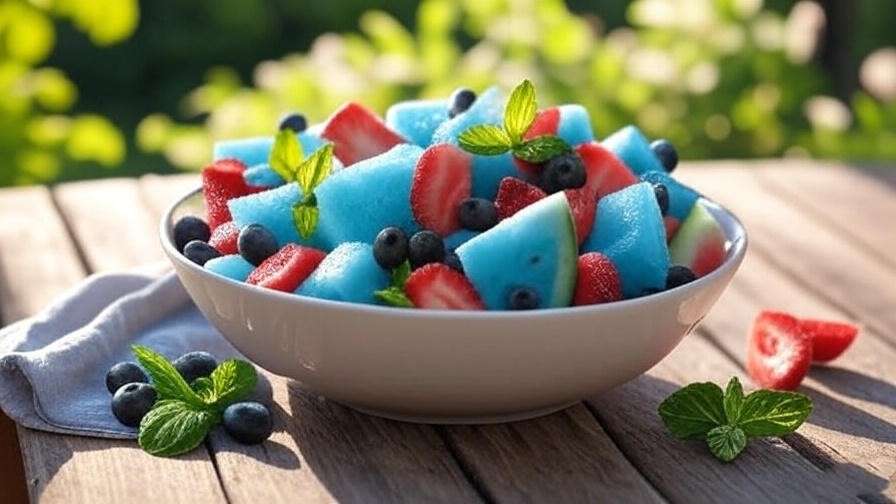 Colorful fruit salad with blue watermelon slices, berries, and mint." 