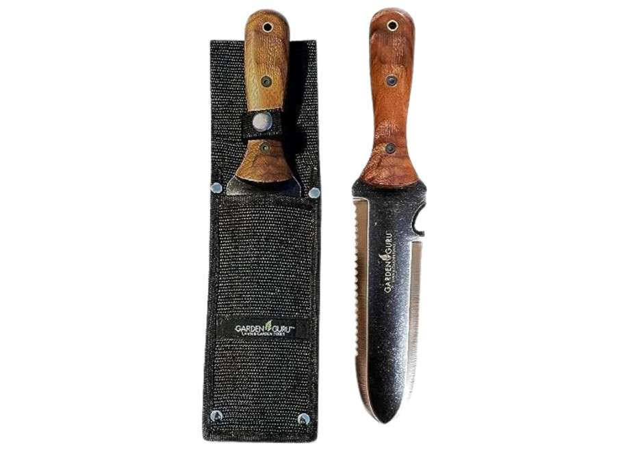  Garden Guru Hori Hori Gardening Knife for Weeding Digging Pruning & Cultivating - Stainless Steel Full Tang Blade | Walnut Wood Handle | Marks